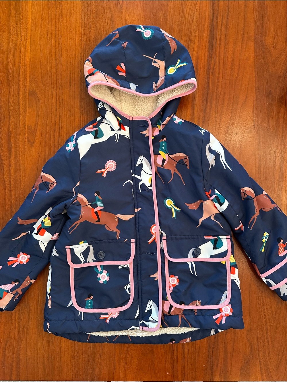 Mini Boden Navy Horse Equestrian Horse Show Print Jacket with Pink Trim size 4-5 - Picture 2 of 7